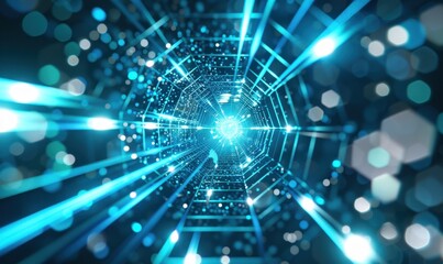 Obraz premium Futuristic blue light tunnel technology background digital network perspective