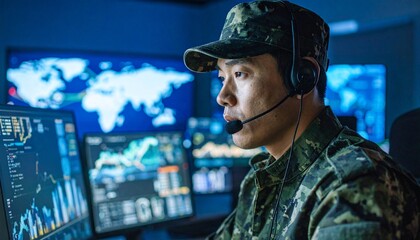 A soldier in a military command center focused on monitoring screens. The scene is set in a high-tech room with multiple monitors displaying data and maps