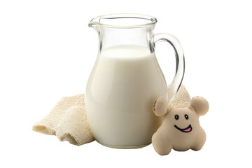 Glass pitcher filled with fresh milk and cute cookies isolated on transparent background. Glass jug of fresh milk isolated on white background.