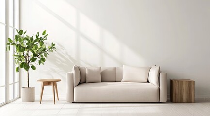 Minimalist living room with beige couch and plant