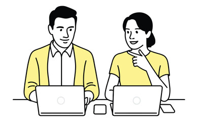 Minimal icon of collaborative work scene with two individuals using laptops and smartphone, symbolizing teamwork and productivity.