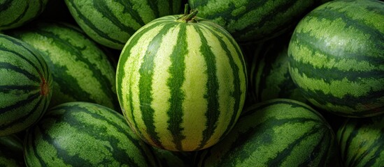 A close-up of a pile of striped green melons. One melon is in focus