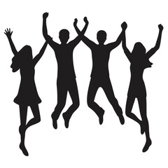 Dynamic Silhouette Celebration Four Figures Leaping with Joyful Abandon Representing Unity Success and Shared Enthusiasm in a Monochromatic Design