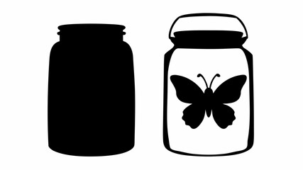 Two jars depicted in black and white one solid and the other containing a butterfly silhouette inside it