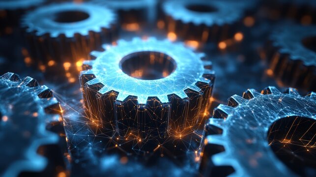 Interlocking gears, digital network, technology, innovation, abstract background, for tech industry use