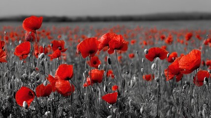 Flanders Field. Remembrance Day Symbol: Poppy Field in Black, White, and Red