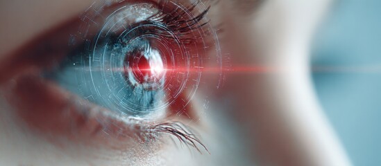 A close-up of an eye with tech overlay and a red laser, suggesting futuristic vision
