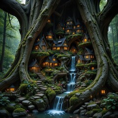 Naklejka premium Mystical Fairy Village Inside a Giant Tree: Magical Forest Homes with Waterfalls and Lanterns