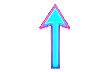 Glowing neon arrow pointing upwards isolated on transparent background. Glowing neon pink and blue arrow pointing upwards isolated on white background.