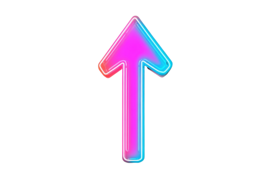 Glowing neon arrow pointing upwards isolated on transparent background. Glowing neon pink and blue arrow pointing upwards isolated on white background.