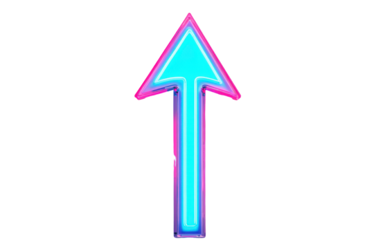 Glowing neon arrow pointing upwards isolated on transparent background. Glowing neon pink and blue arrow pointing upwards isolated on white background.