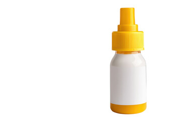 Small plastic dropper bottle with yellow cap isolated on transparent background. Glue bottle isolated on white background.