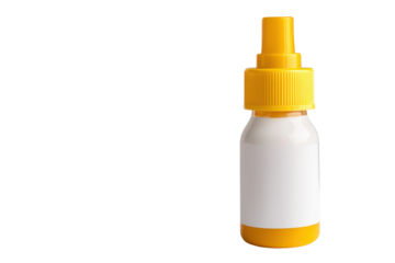 Small plastic dropper bottle with yellow cap isolated on transparent background. Glue bottle isolated on white background.