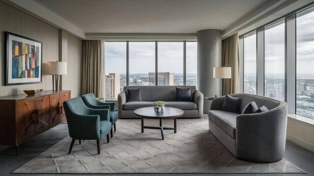 Luxurious hotel suite living room with city view - Powered by Adobe