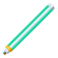 A fluorescent light tube with a green and white cylindrical body, yellow band in the middle, and silver metallic caps on both ends