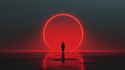 A solitary figure stands on the beach watching a vibrant red sunset. The sun appears as a massive glowing circle on the horizon, reflecting on the water.