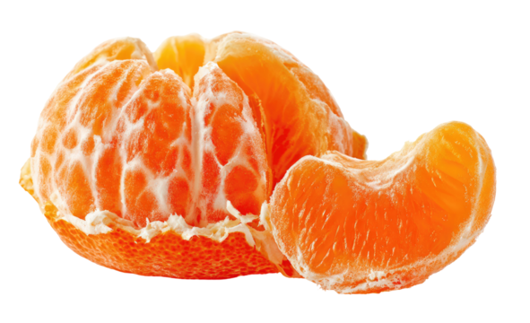 Close-up of peeled mandarin orange segments.  Bright orange segments with white pith, slightly overlapping,  on black background.  Texture of segments and peel visible