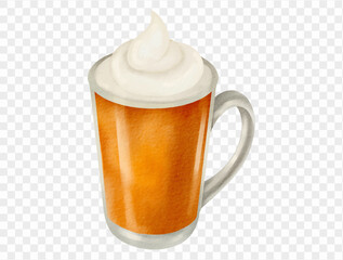 Watercolor pumpkin spice latte in clear mug vector.