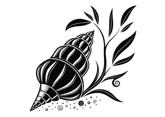 Nautilus seashell or spiral round snail shell, black silhouette isolated on white. Segmented shape, stencil style. Vector clipart, monochrome sign for illustration,