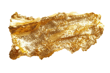 Textured gold paint stroke isolated on transparent background. Gold glitter texture with torn edge isolated on white background.