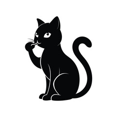 Simple silhouette of a cat licking its paw on a clean white background