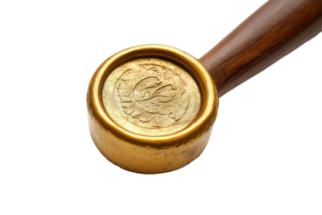 Golden coin in a wooden pipe isolated on transparent background. Gold wax seal perfect for invitations awards and official documents or certificates on isolated with white background.