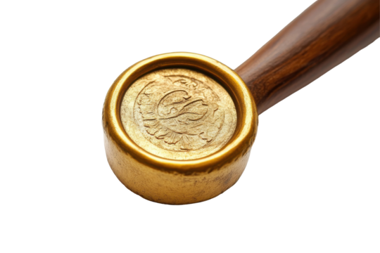 Golden coin in a wooden pipe isolated on transparent background. Gold wax seal perfect for invitations awards and official documents or certificates on isolated with white background.