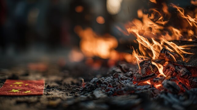 Burning Chinese flag in flames fire ashes embers