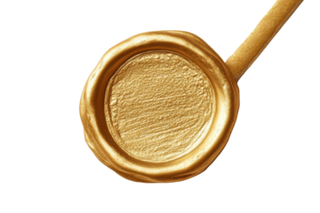 Golden coin in a wooden pipe isolated on transparent background. Gold wax seal perfect for invitations awards and official documents or certificates on isolated with white background.
