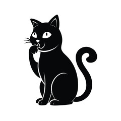 Elegant silhouette of a cat licking its paw on a clean white background