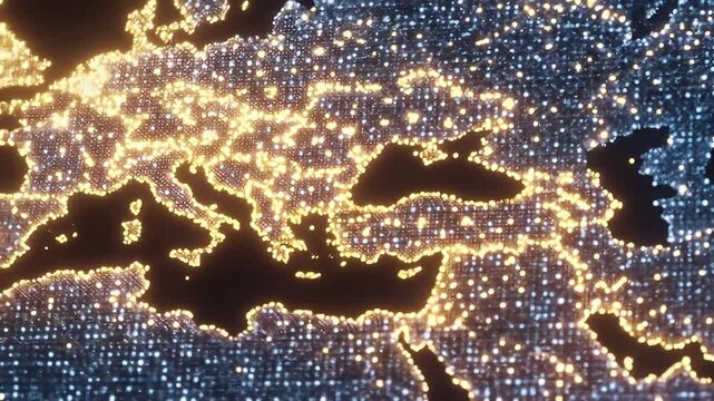 A World Map in a "Pointillist" Style, with Glowing Dots Representing Market Concentration