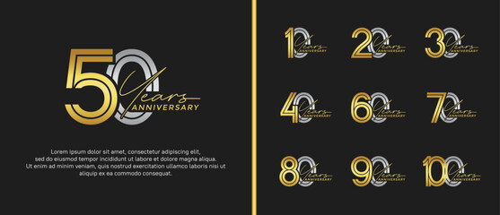 anniversary vector logo set, gold and silver color with handwriting can be use for celebration