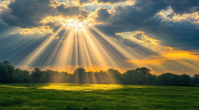 Golden sunbeams pierce clouds over a grassy field (1)