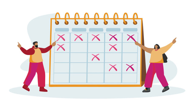 Two people pointing at a calendar with red x marks indicating days crossed out on the schedule grid 100 char