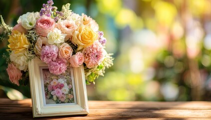 Delicate floral arrangement with soft pastel blooms spilling over a small cream frame on a wooden surface, bathed in warm, dappled sunlight against a blurred garden backdrop