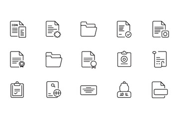 Set of Line Art Document Icons for Business and Web Design Interface Showing Files and Data Storage