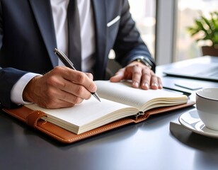 Businessmans Hand Writes in Leather Journal with Pen at Desk.