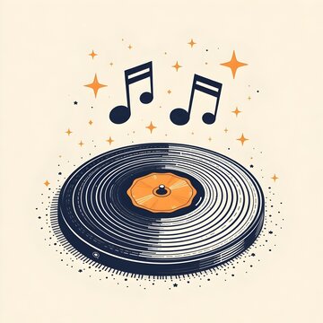 Retro vinyl record playing music with floating musical notes  