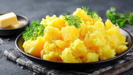 Golden mashed potatoes, garnished with dill, in a dark bowl on a textured surface, with a pad of butter and parsley beside it
