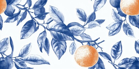 Seamless Pattern of Lemons with Santorini Blue and White, Greece designs. Blue, white patterns and floral motifs