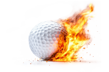 Golf ball engulfed in flames isolated on transparent background. Golf ball on fire isolated on white background.