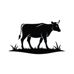 Silhouette of a cow walking peacefully across a grassy field on a clean white background