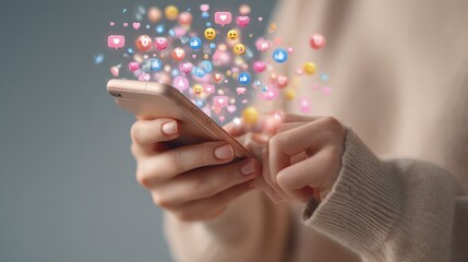 Woman using smartphone social media likes emojis hearts