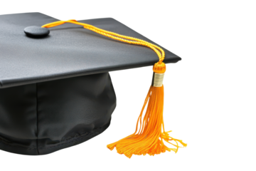 Black graduation cap with gold tassel isolated on transparent background. Graduation black cap isolated on a white background.