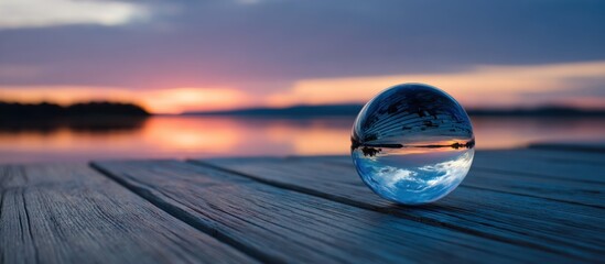 A crystal ball reflects a sunset over a lake, resting on a weathered wooden dock