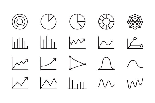 Set of Line Icons Representing Charts and Graphs Used in Data Visualization and Business Analytics for Presentations and Reports