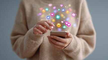 Woman using smartphone social media likes emojis