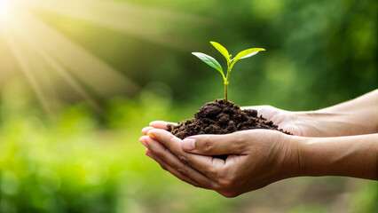 View of Hands Holding Young Green Seedling in Soil