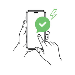 Minimal icon of fast smartphone interaction with confirmation checkmark and lightning symbol, representing efficient mobile messaging.