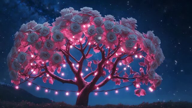 Rose-Covered Tree With Pink Fairy Lights At Night